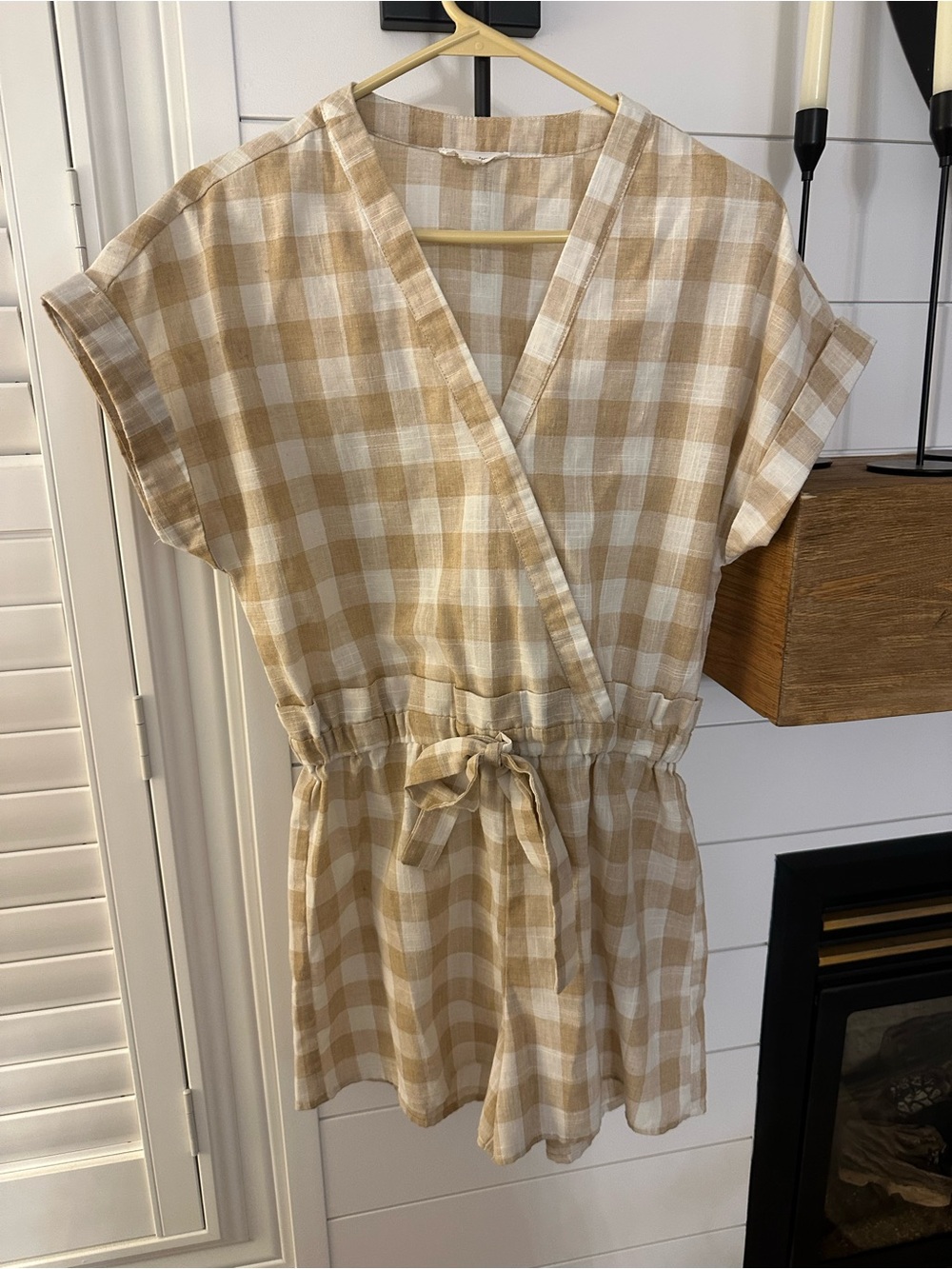 mittoshop Beige & White Gingham Tie-Waist Romper